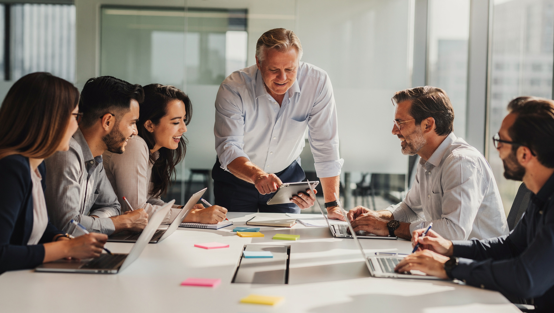 A diverse team collaborating around a shared project