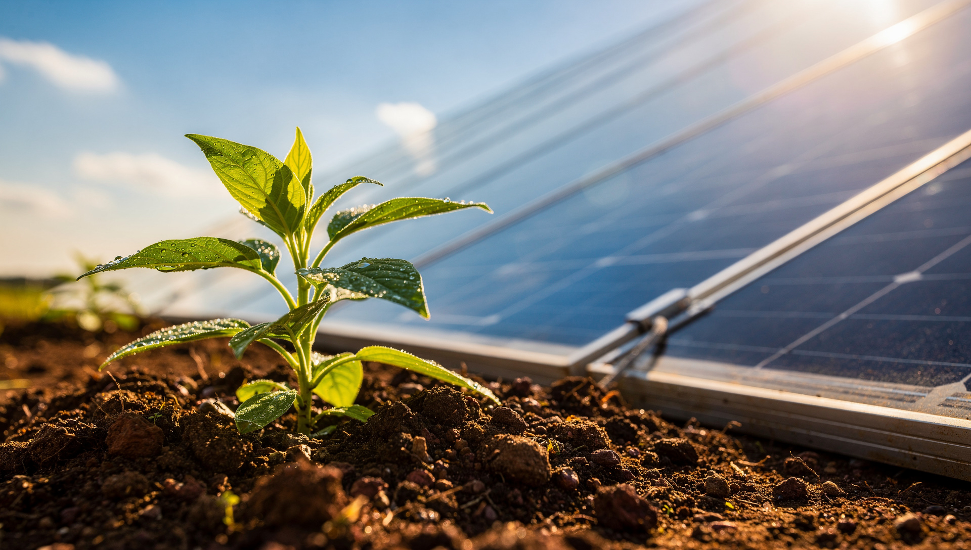 A green plant growing beside solar panels
